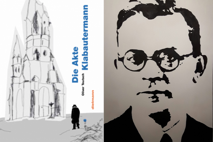 Auf der linken Seite des Bildes sieht man das Cover des Romans "Die Akte Klabautermann2, rechts ist ein Acrylbild Hans Falladas zu sehen.