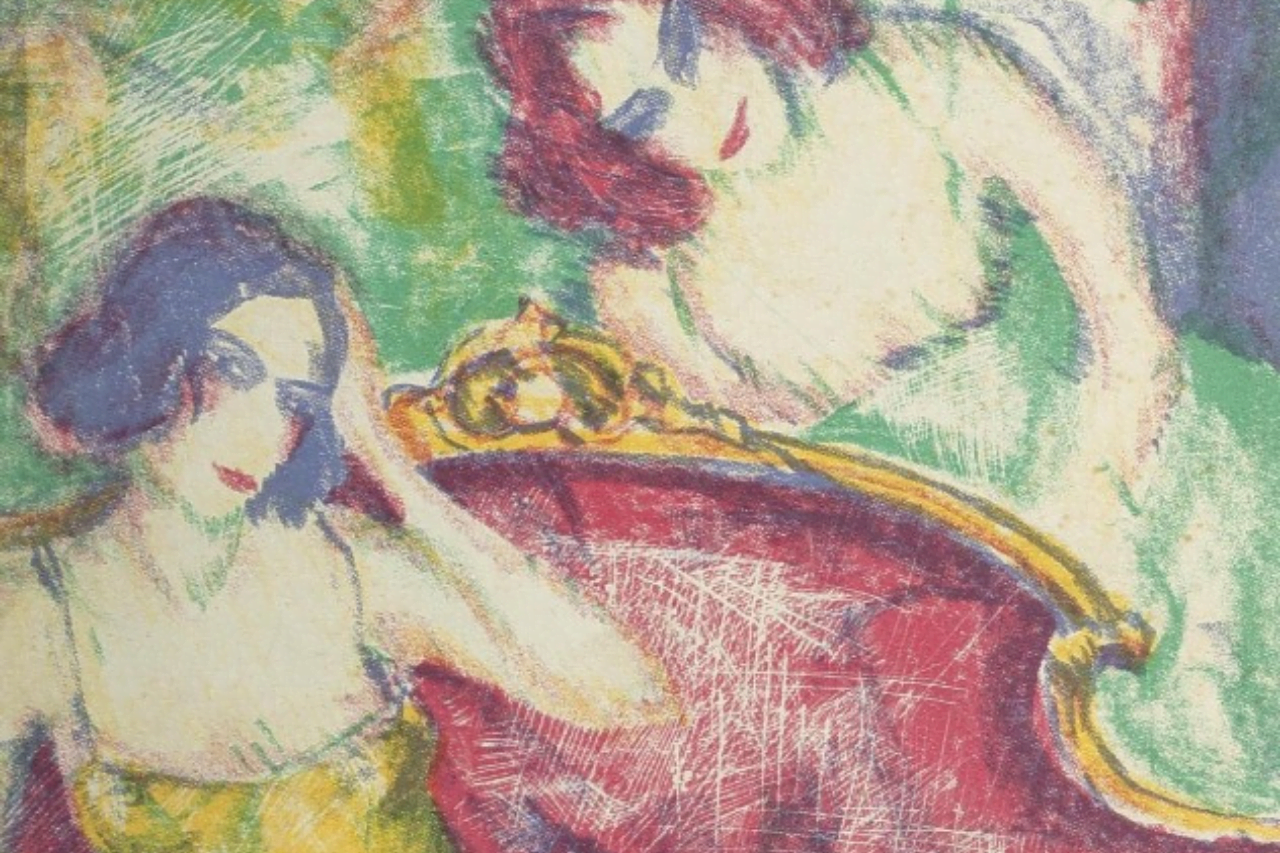 Das Bild zeigt ein Gemälde mit zwei Frauen; eine davon sitzt auf einem Sofa.